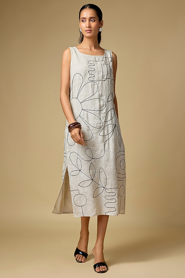 Beige Pure Linen Embroidered Vacation Dress by Linen Bloom at Pernia's Pop Up Shop