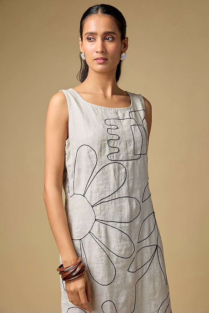 Beige Pure Linen Embroidered Vacation Dress by Linen Bloom at Pernia's Pop Up Shop