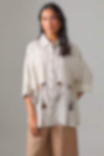 Beige Linen Embroidered Shirt by Linen Bloom at Pernia's Pop Up Shop