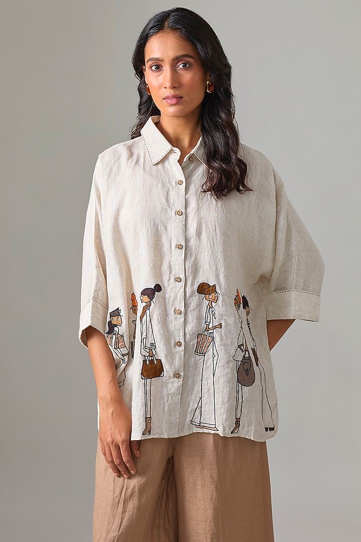 Beige Linen Embroidered Shirt by Linen Bloom at Pernia's Pop Up Shop
