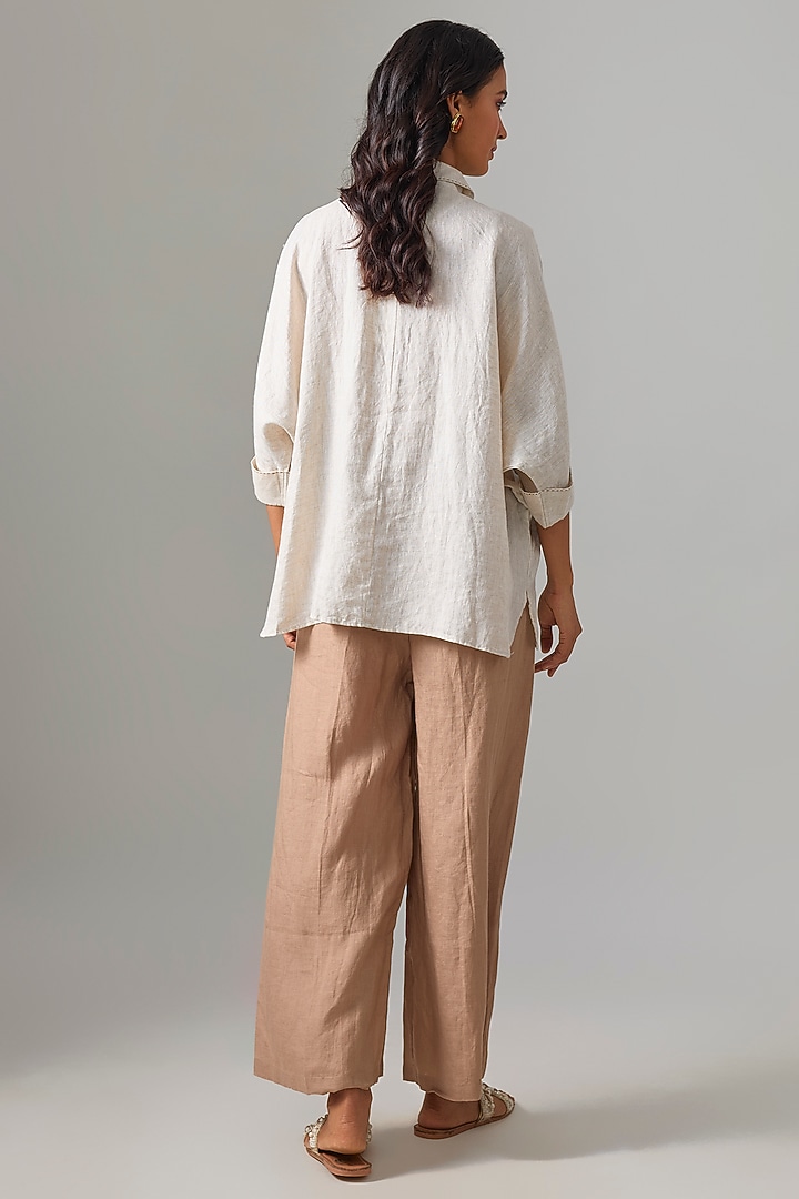 Beige Linen Embroidered Shirt by Linen Bloom at Pernia's Pop Up Shop