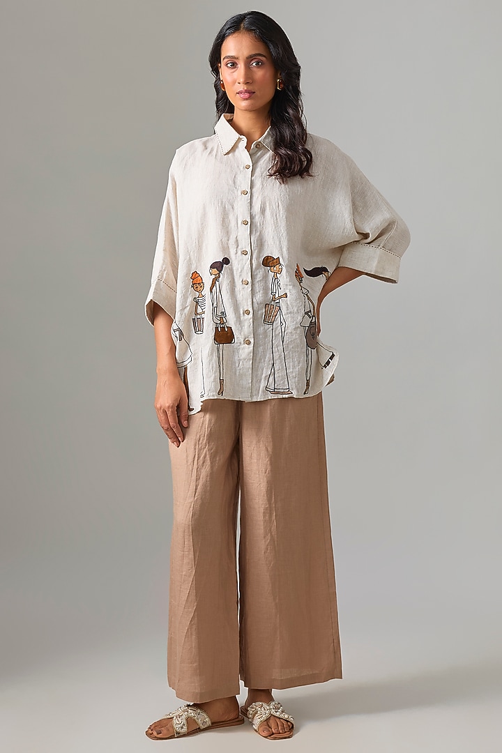 Beige Linen Embroidered Shirt by Linen Bloom at Pernia's Pop Up Shop