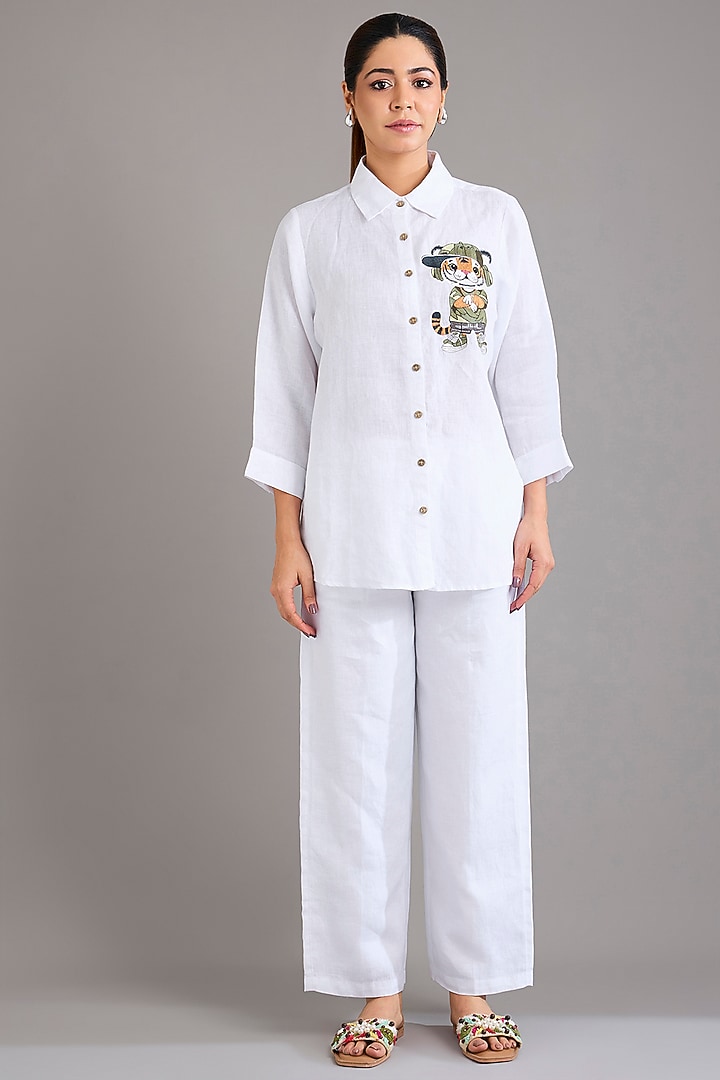 White Linen Safari Tiger Shirt by Linen Bloom at Pernia's Pop Up Shop