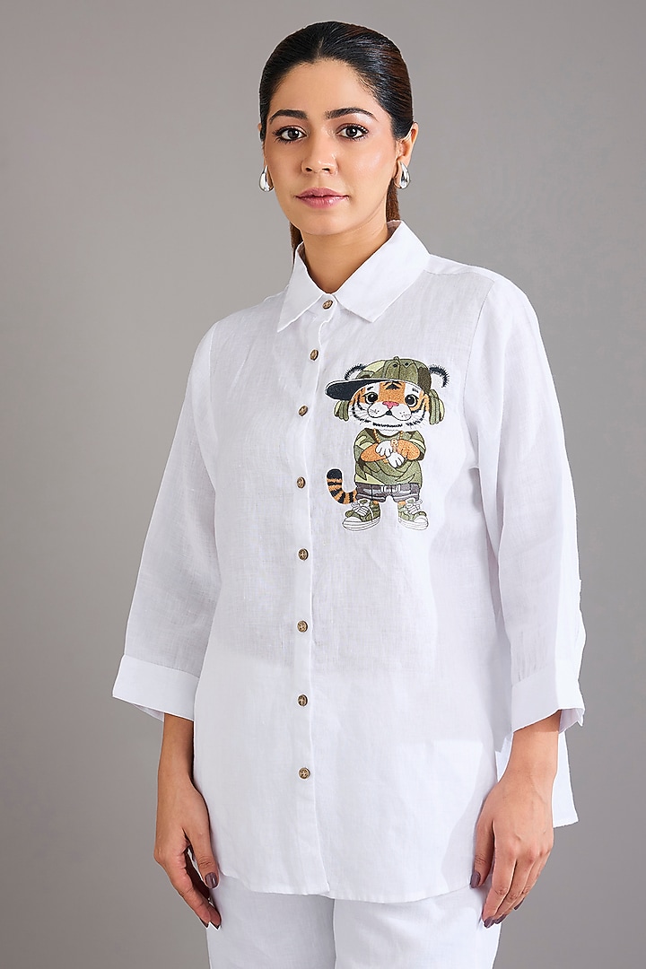 White Linen Safari Tiger Shirt by Linen Bloom at Pernia's Pop Up Shop