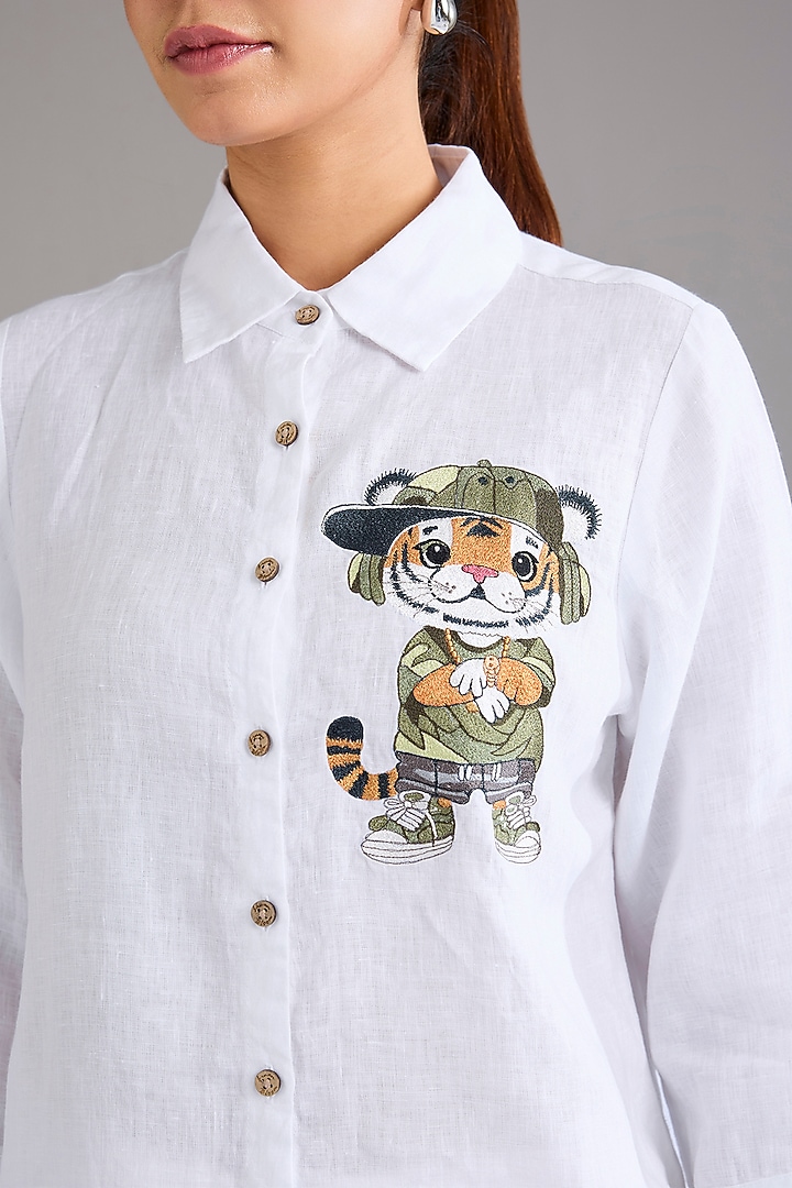 White Linen Safari Tiger Shirt by Linen Bloom at Pernia's Pop Up Shop