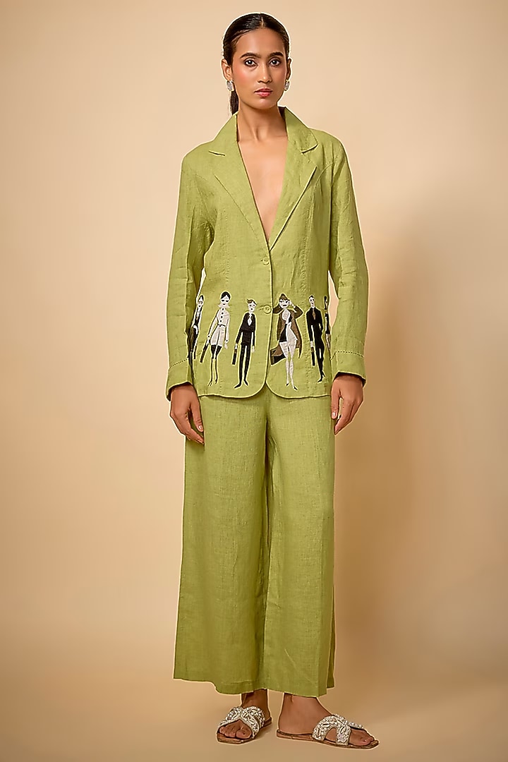 Pista Green Linen High-Rise Pants by Linen Bloom at Pernia's Pop Up Shop