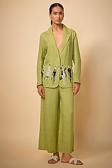 Pista Green Linen High-Rise Pants by Linen Bloom-POPULAR PRODUCTS AT STORE