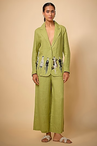 Pista Green Linen High-Rise Pants by Linen Bloom