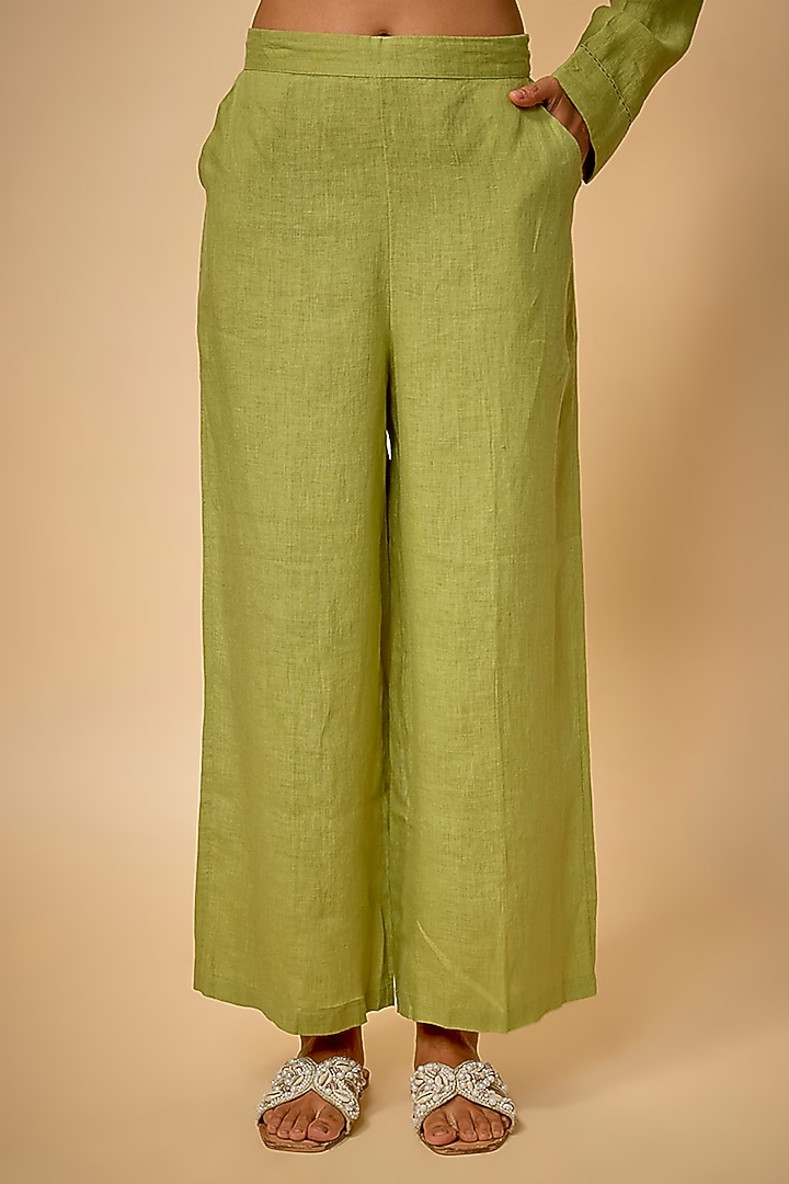 Pista Green Linen High-Rise Pants by Linen Bloom at Pernia's Pop Up Shop