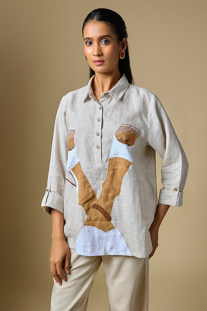 Beige Linen Shirt by Linen Bloom at Pernia's Pop Up Shop