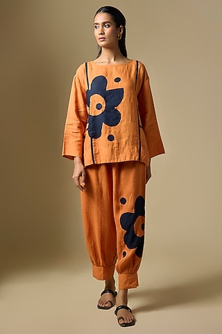 Orange Linen Floral Co-Ord Set by Linen Bloom