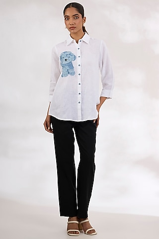 White Pure Linen Embroidered Shirt by Linen Bloom
