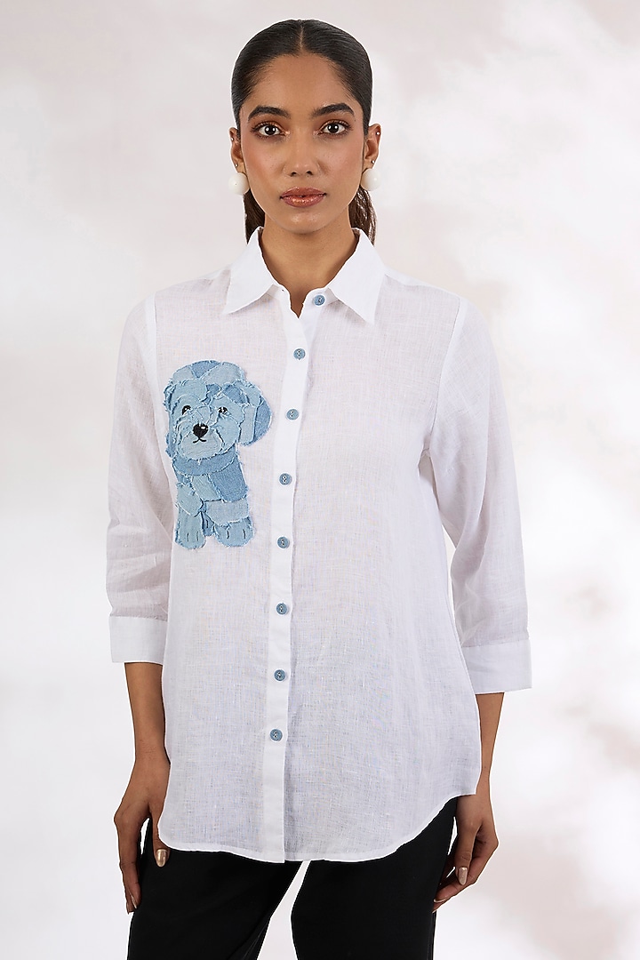 White Pure Linen Embroidered Shirt by Linen Bloom at Pernia's Pop Up Shop