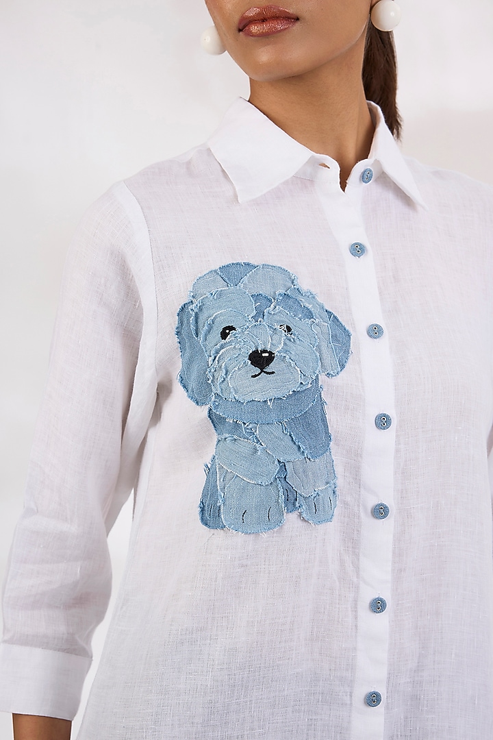 White Pure Linen Embroidered Shirt by Linen Bloom at Pernia's Pop Up Shop