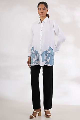 White Pure Linen Embroidered Shirt by Linen Bloom