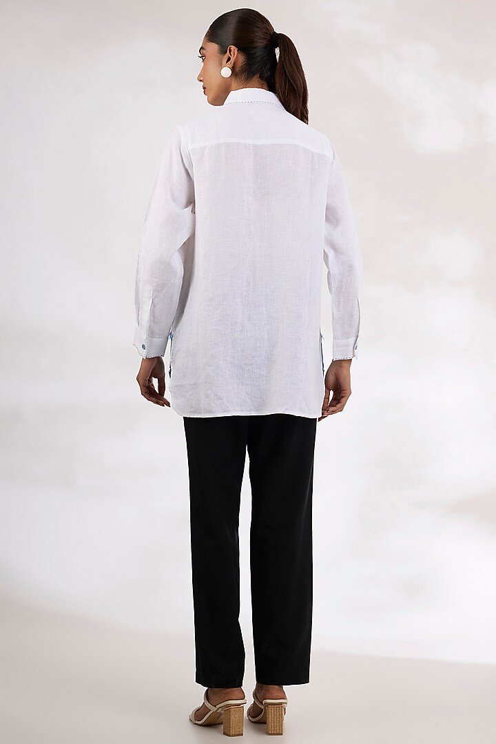 White Pure Linen Embroidered Shirt by Linen Bloom at Pernia's Pop Up Shop