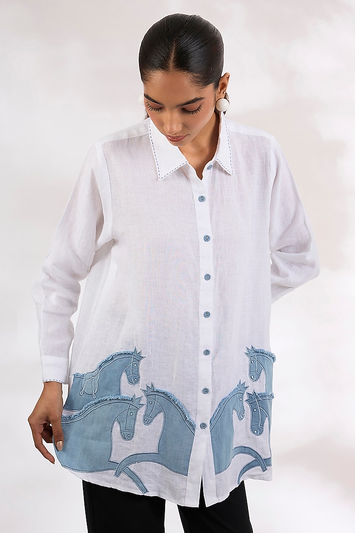 White Pure Linen Embroidered Shirt by Linen Bloom at Pernia's Pop Up Shop