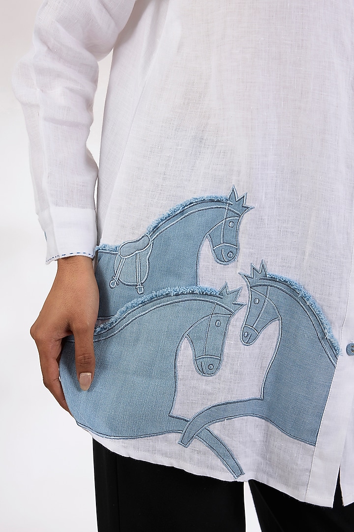 White Pure Linen Embroidered Shirt by Linen Bloom at Pernia's Pop Up Shop