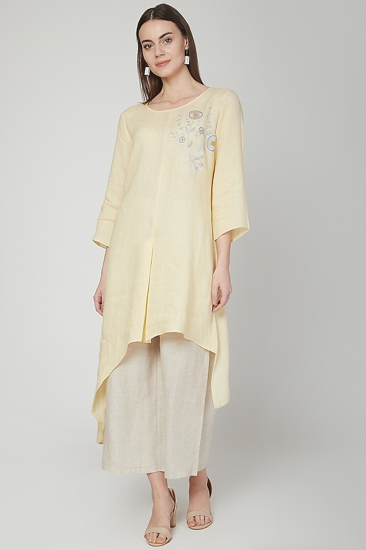Yellow Embroidered Asymmetric Tunic by Linen Bloom