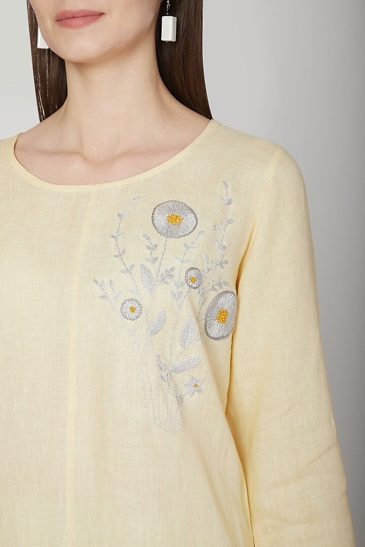 Yellow Embroidered Asymmetric Tunic by Linen Bloom at Pernia's Pop Up Shop