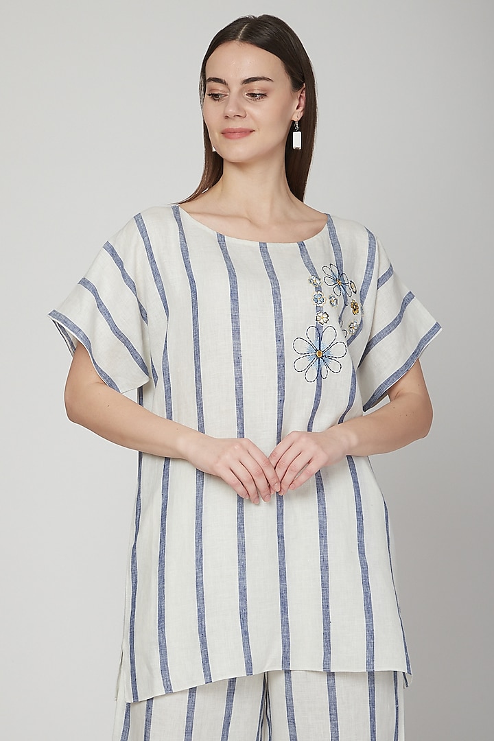 White & Cobalt Blue Striped Blouse by Linen Bloom