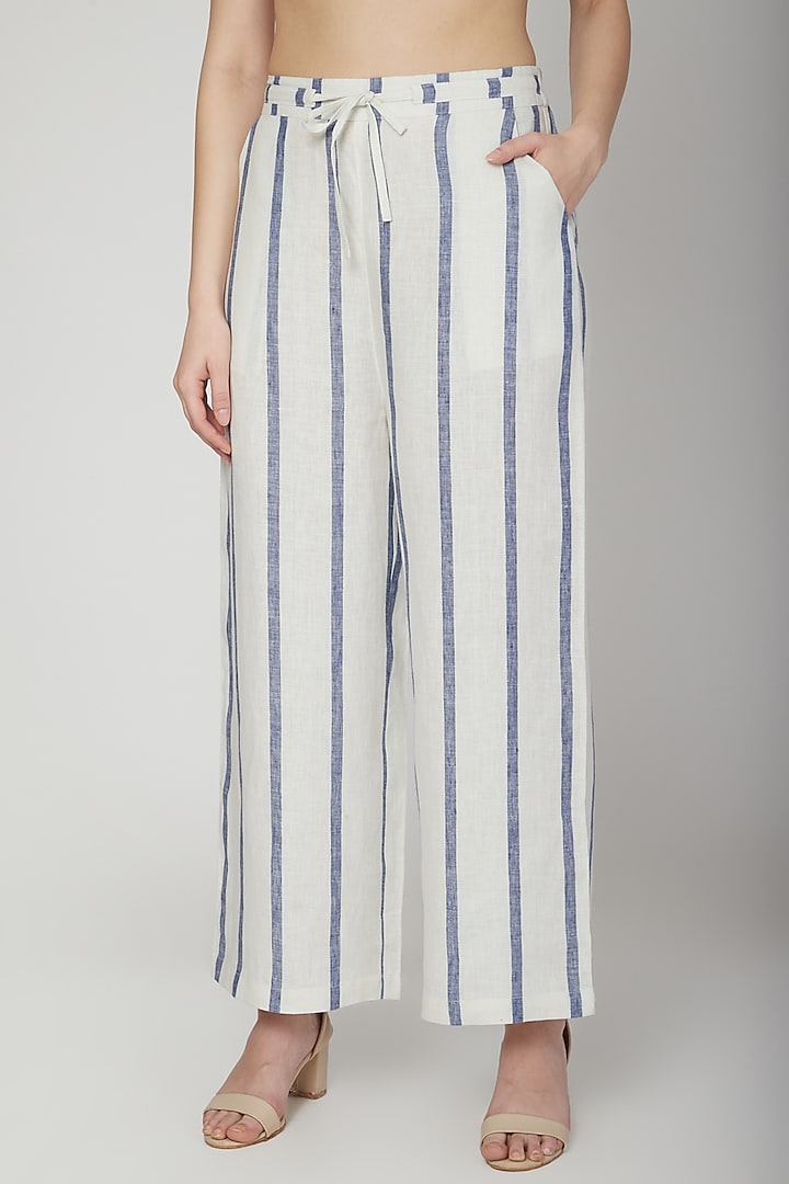 White & Cobalt Blue Striped Flared Pants by Linen Bloom at Pernia's Pop Up Shop