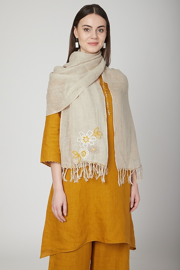 Beige Floral Embroidered Scarf by Linen Bloom