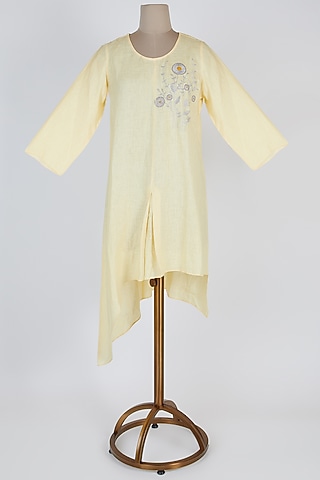 Yellow Embroidered Asymmetric Tunic by Linen Bloom