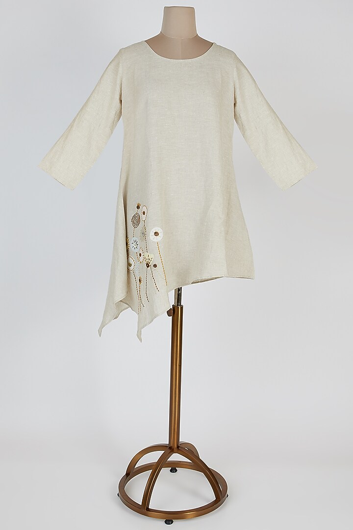 Beige Embroidered Asymmetric Tunic by Linen Bloom at Pernia's Pop Up Shop