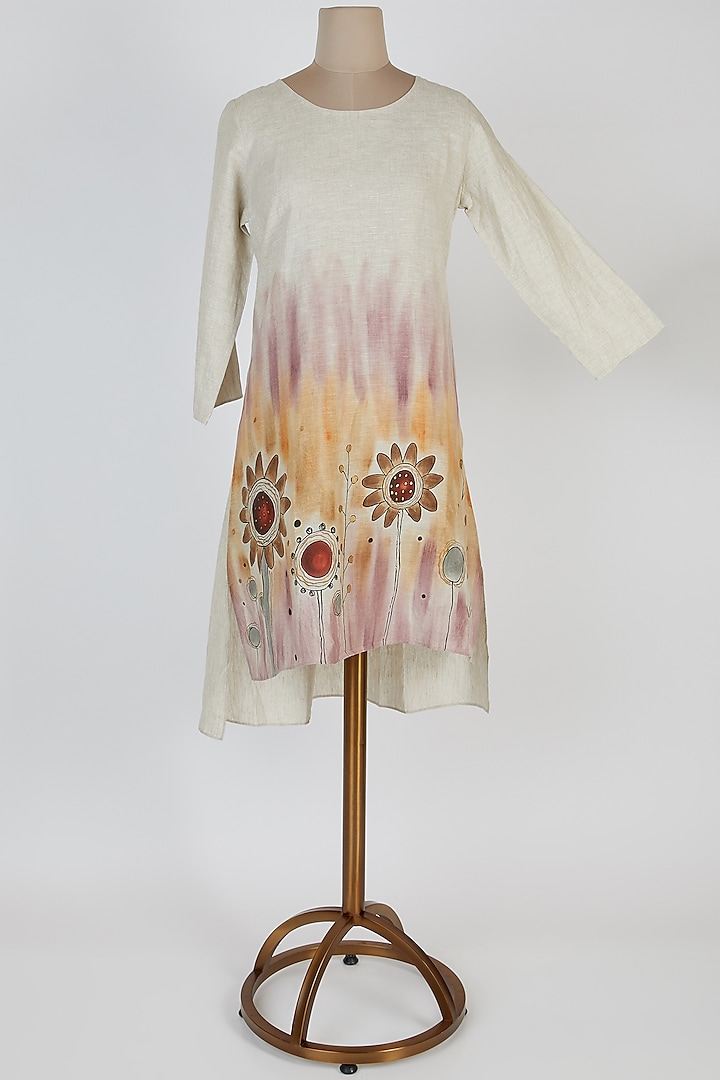 Beige Hand Painted Floral Tunic by Linen Bloom