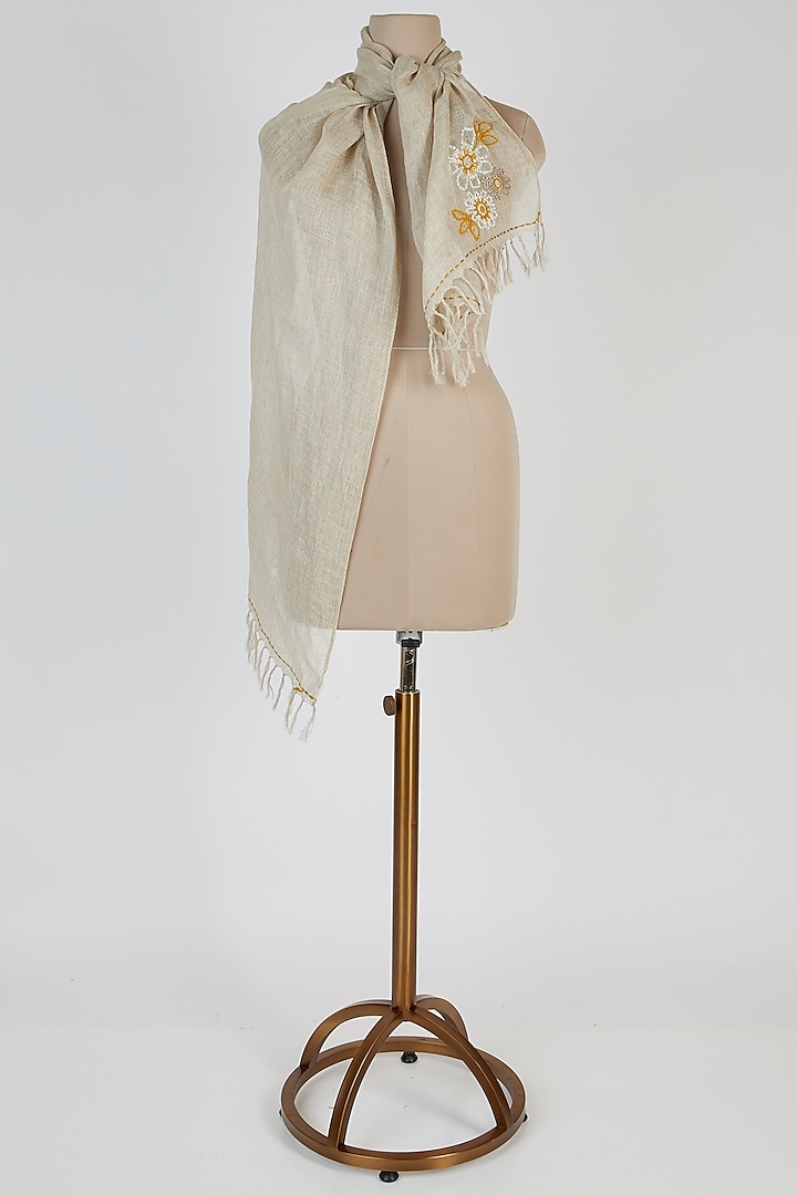 Beige Floral Embroidered Scarf by Linen Bloom