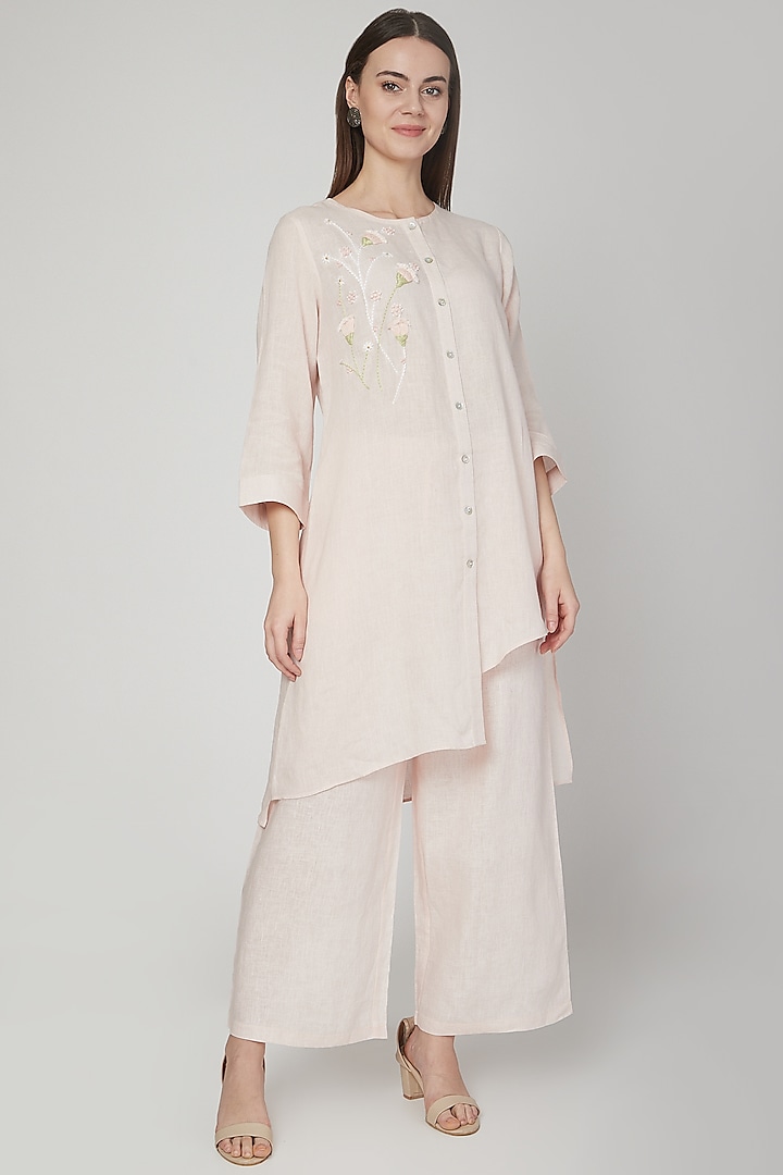 Powder Pink Embroidered Asymmetric Tunic by Linen Bloom