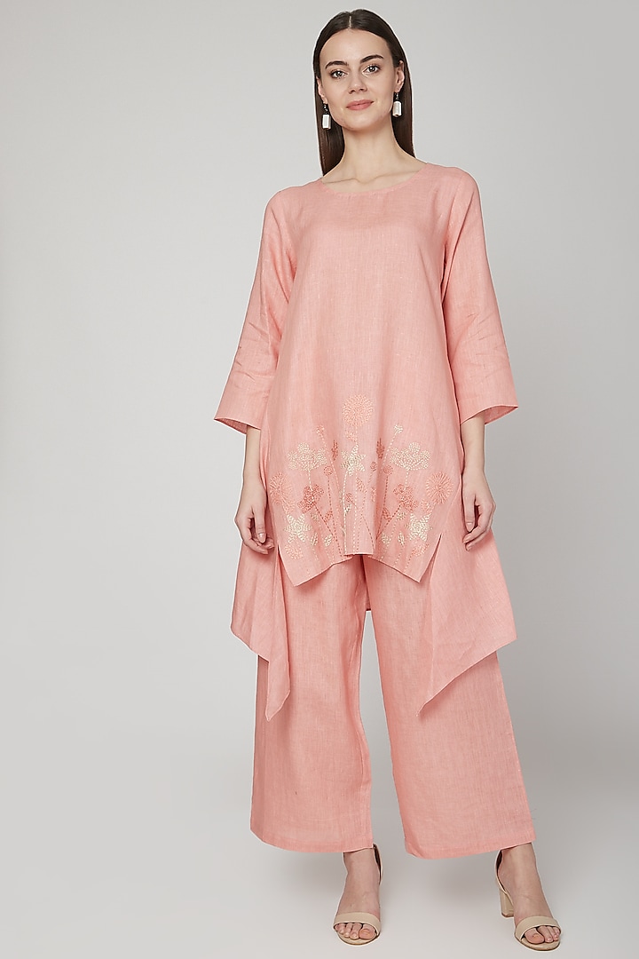 Salmon Pink Embroidered Asymmetric Tunic by Linen Bloom