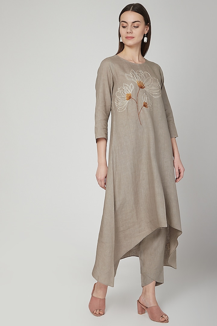 Khaki Embroidered Asymmetric Tunic by Linen Bloom