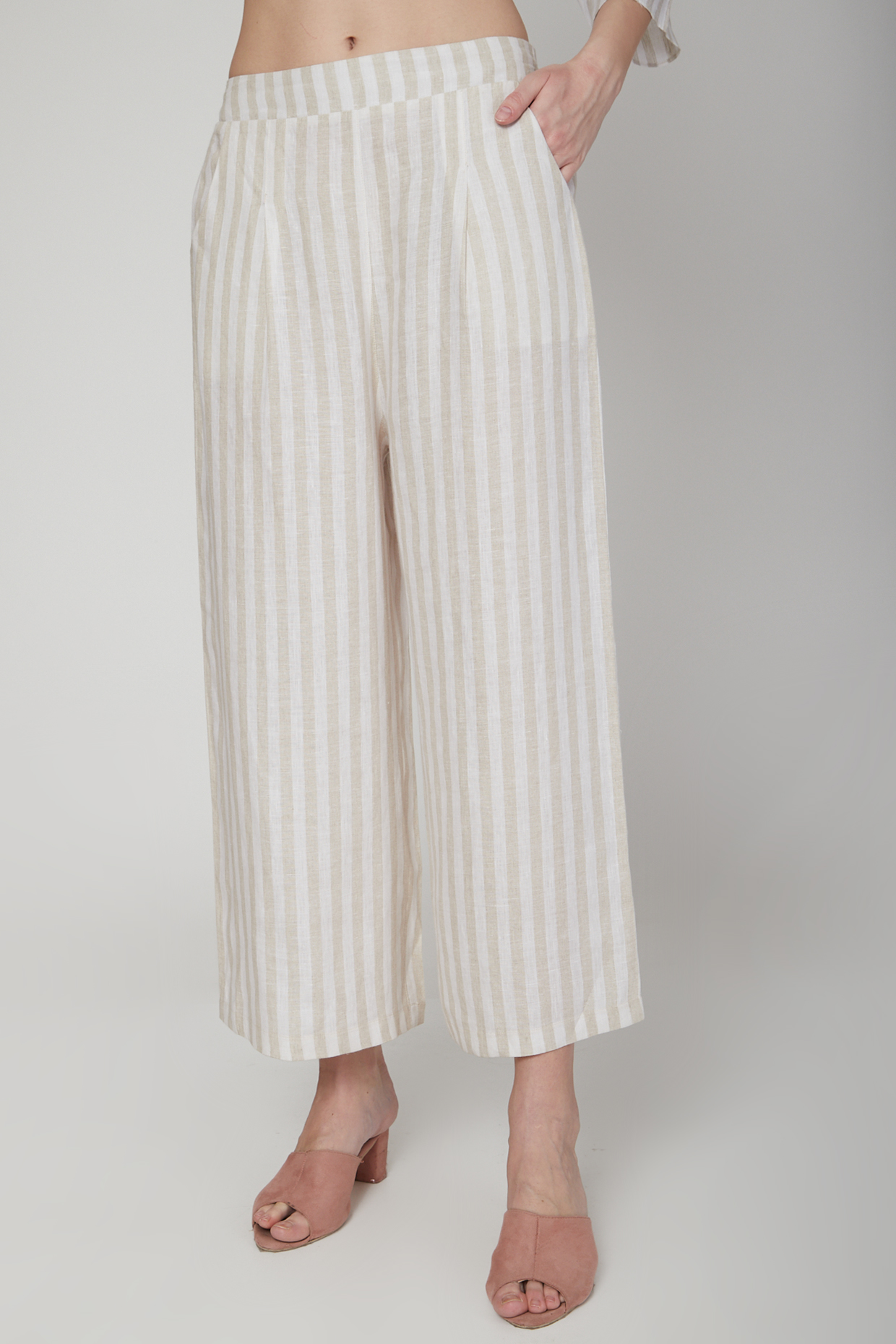 Beige Striped Elasticated Pants by Linen Bloom at Pernia's Pop Up Shop