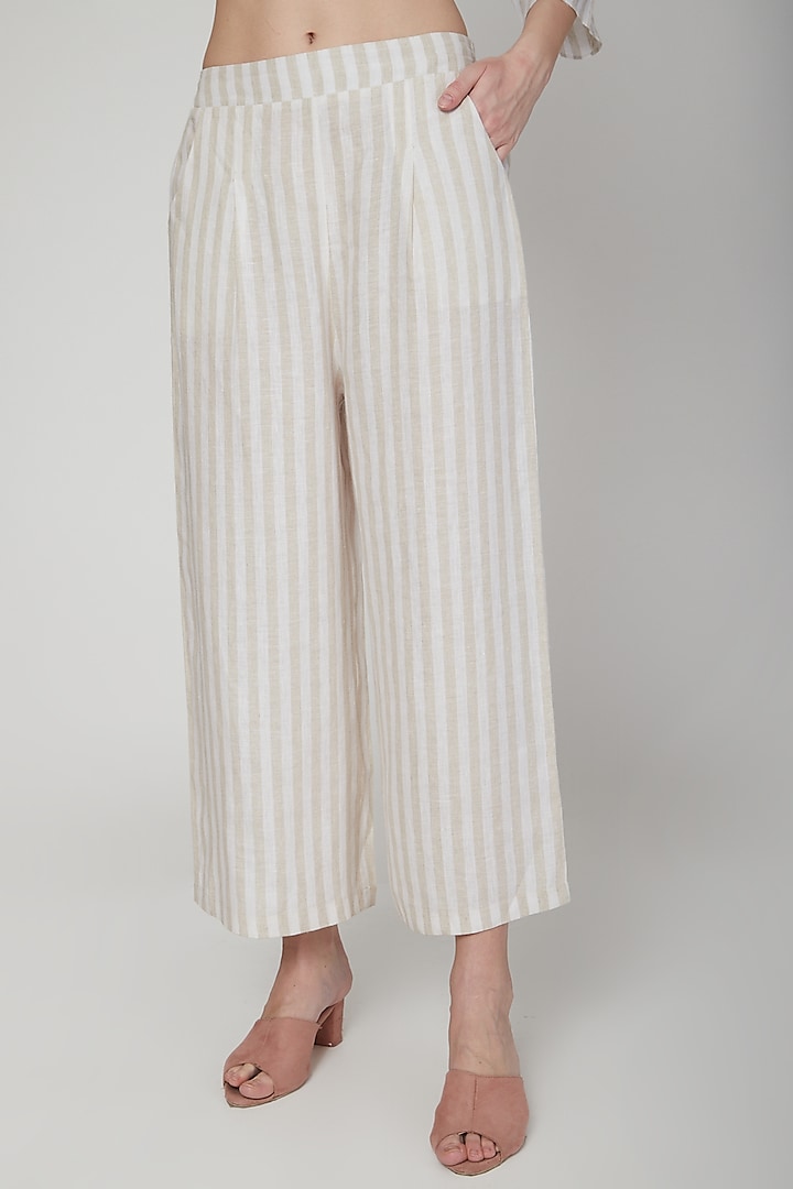 Beige Striped Elasticated Pants by Linen Bloom at Pernia's Pop Up Shop