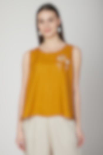 Mustard Floral Embroidered Top by Linen Bloom