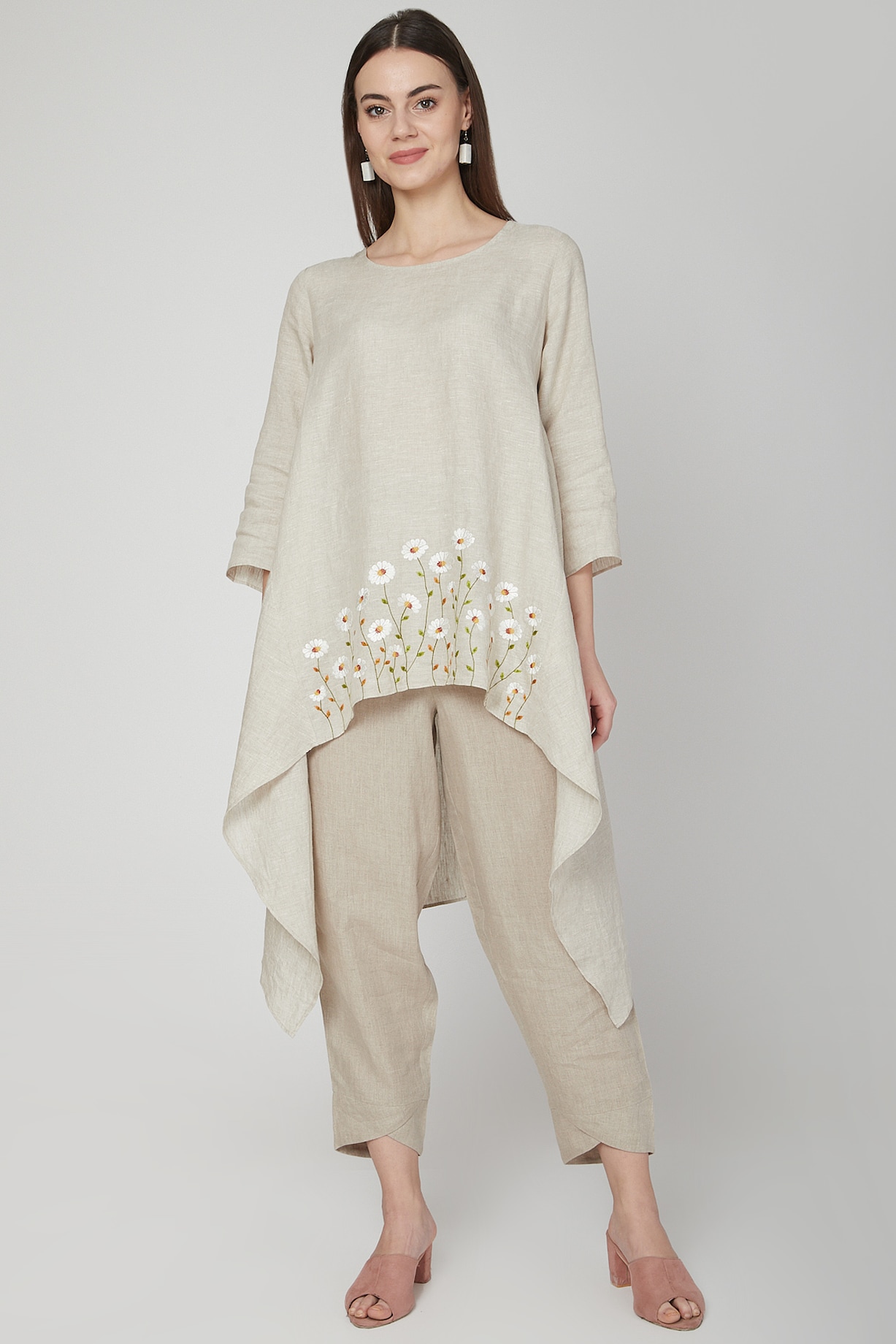 Beige Floral Embroidered Tunic by Linen Bloom at Pernia's Pop Up Shop 2024