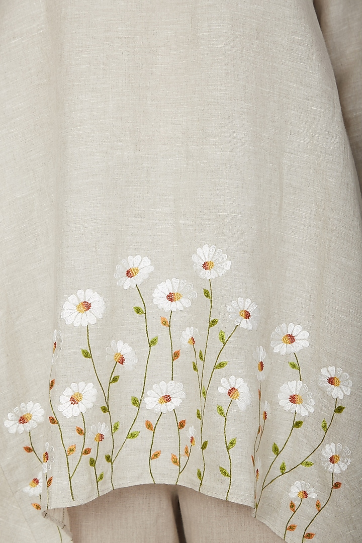 Beige Floral Embroidered Tunic by Linen Bloom at Pernia's Pop Up Shop 2024