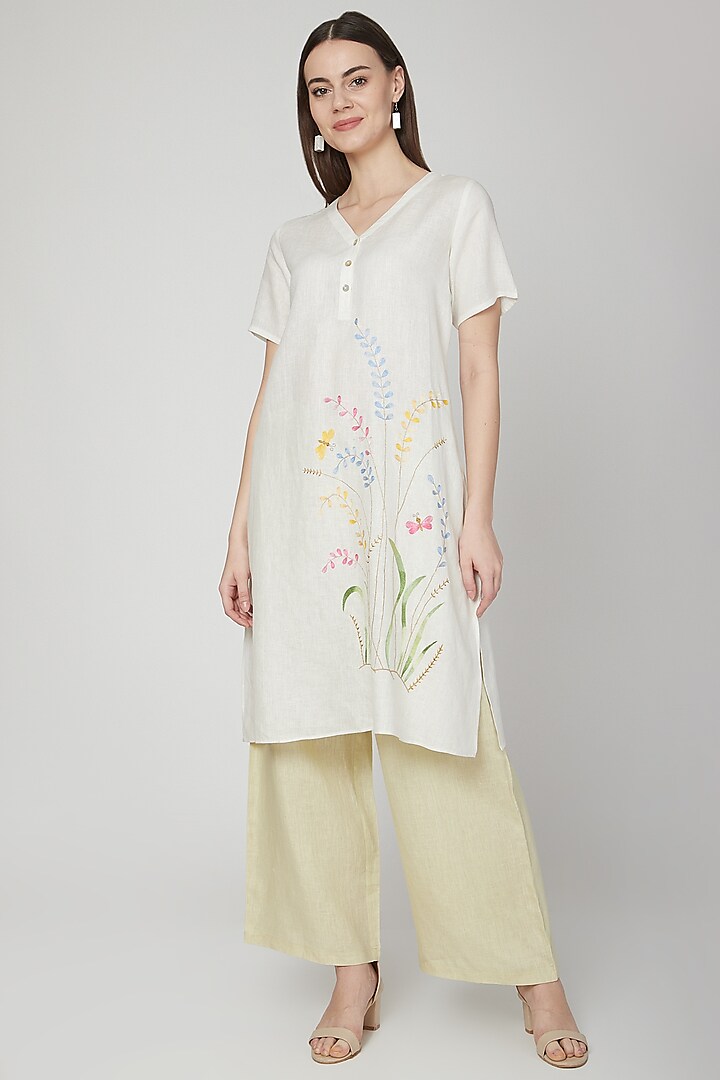 Ivory Floral Embroidered Tunic by Linen Bloom