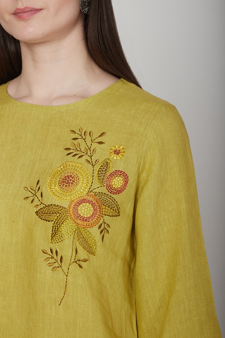 Yellow Flowers Andina Hand-Embroidered Linen Mini Tunic