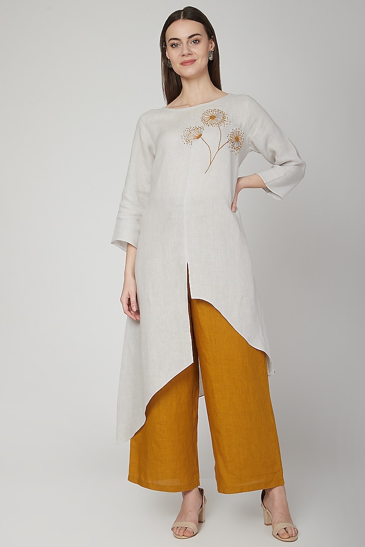 Silver Grey Floral Embroidered Tunic by Linen Bloom