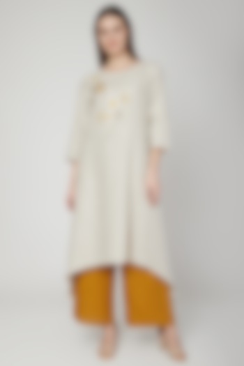 Beige Embroidered Long Tunic by Linen Bloom