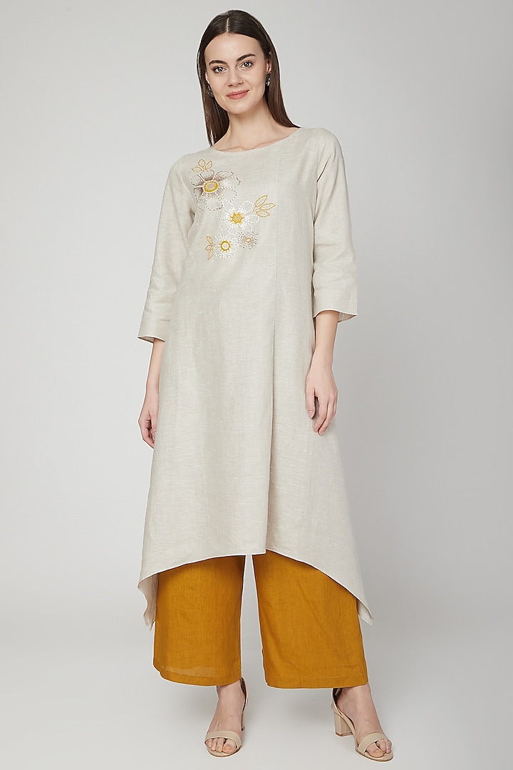 Beige Embroidered Long Tunic by Linen Bloom