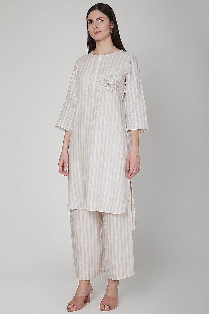 Beige Striped Embroidered Tunic by Linen Bloom