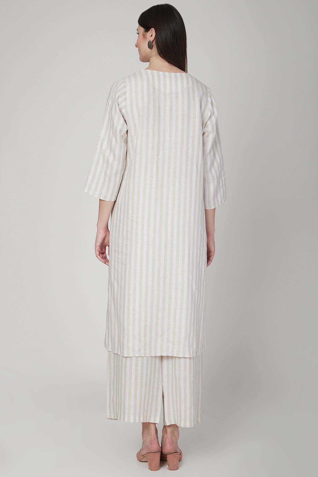 Beige Striped Embroidered Tunic by Linen Bloom at Pernia's Pop Up Shop 2025