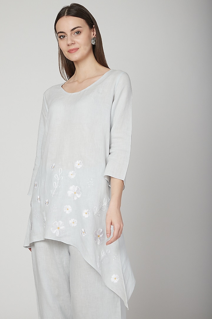 Sky Blue Asymmetric Embroidered Tunic by Linen Bloom