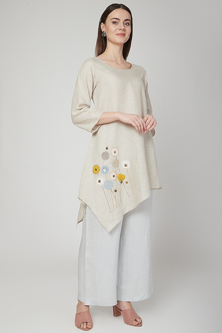 Beige Floral Embroidered Asymmetric Tunic by Linen Bloom
