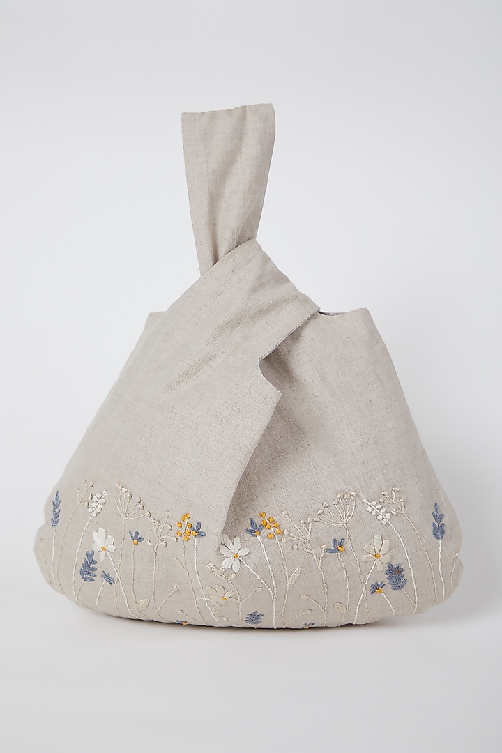 Beige Japanese Knotted Handbag by Linen Bloom at Pernia's Pop Up Shop