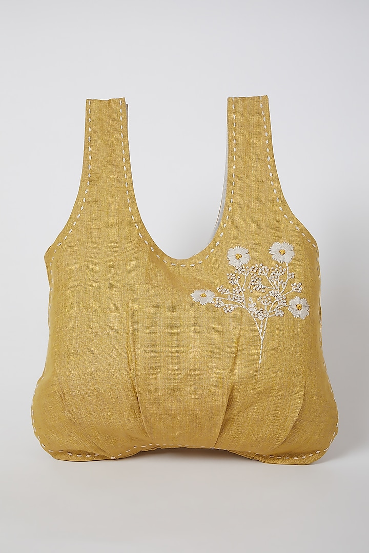 Mustard Embroidered & Pleated Handbag by Linen Bloom